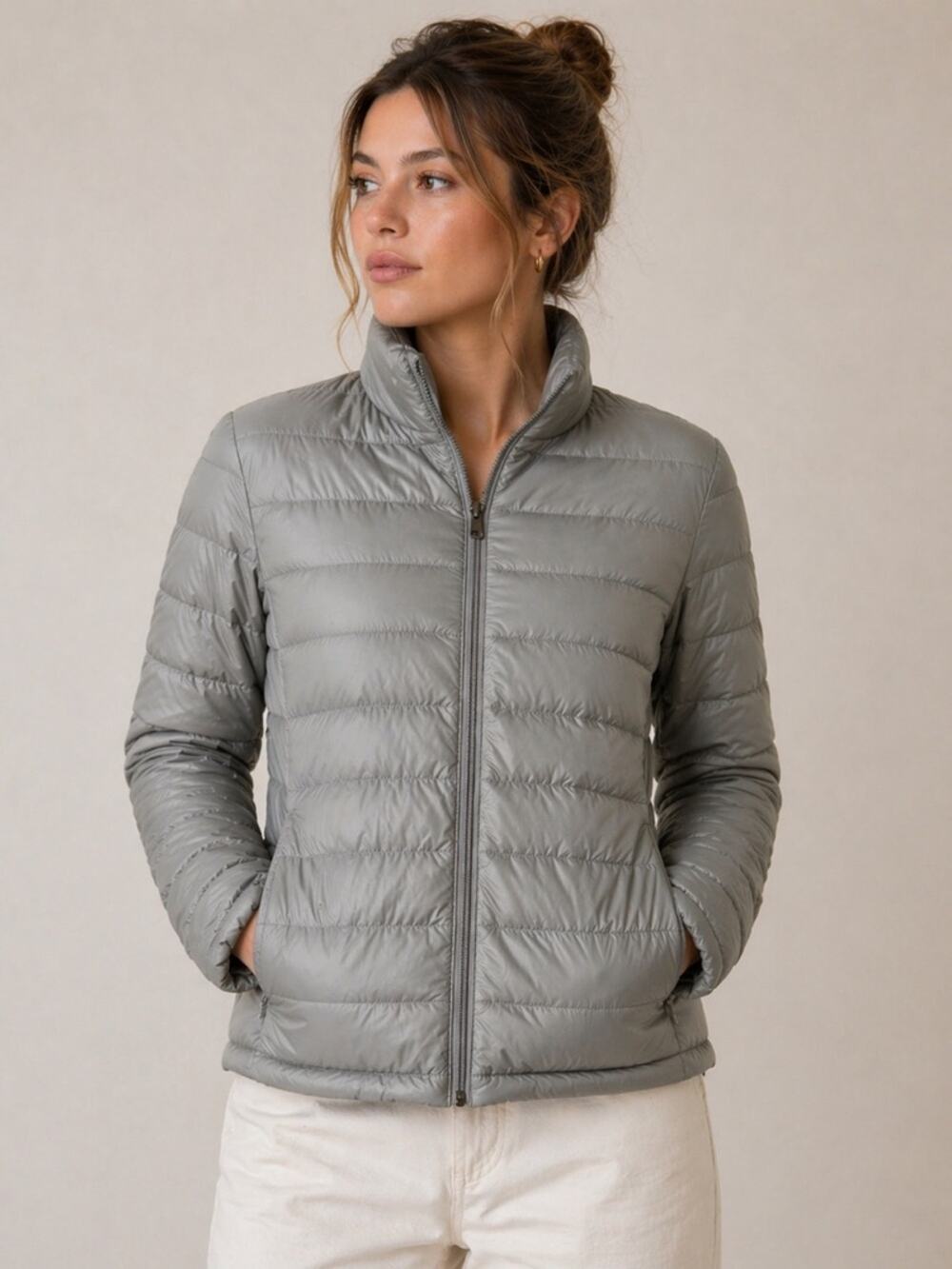 Quince Gray Lightweight Down Feather Puffer Jacket Minimalist Zip Luxury Coat XL